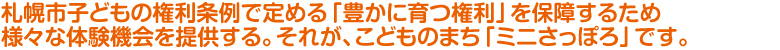 札幌市子どもの権利条例で定める「豊かに育つ権利」を保障する
ため様々な体験機会を提供する。それが、こどものまち「ミニさっぽろ」です。